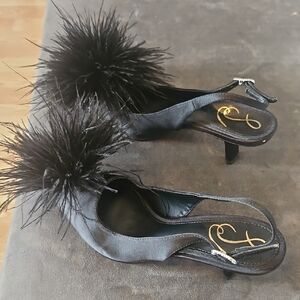 Sam Edelman Black Feather Pom Slingback Heels...womens 5.5.. No Box